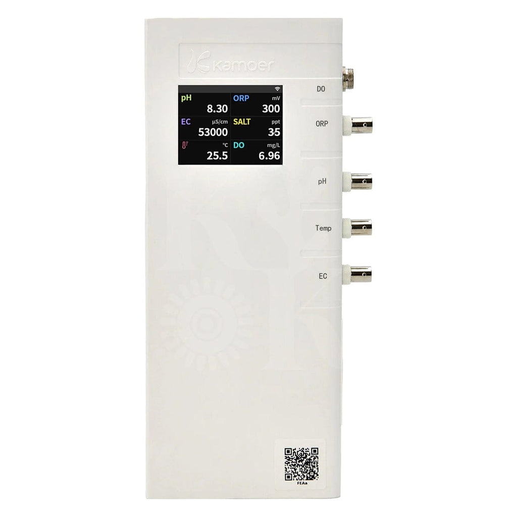 Kamoer Qijian 3 WQS Aquarium Monitor displaying water parameters with WiFi app control