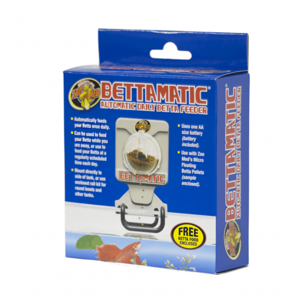 Zoo Med Betta Automatic Feeder mounted on aquarium tank with food dispenser