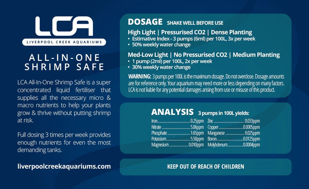 LCA Liquid Fertiliser - All In One Shrimp Safe 500ml - dosage