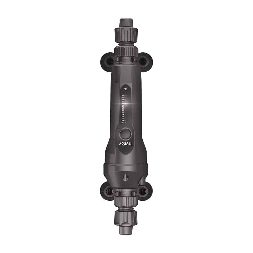 Aquael Flow Heater 500W mounted vertically on canister filter hose