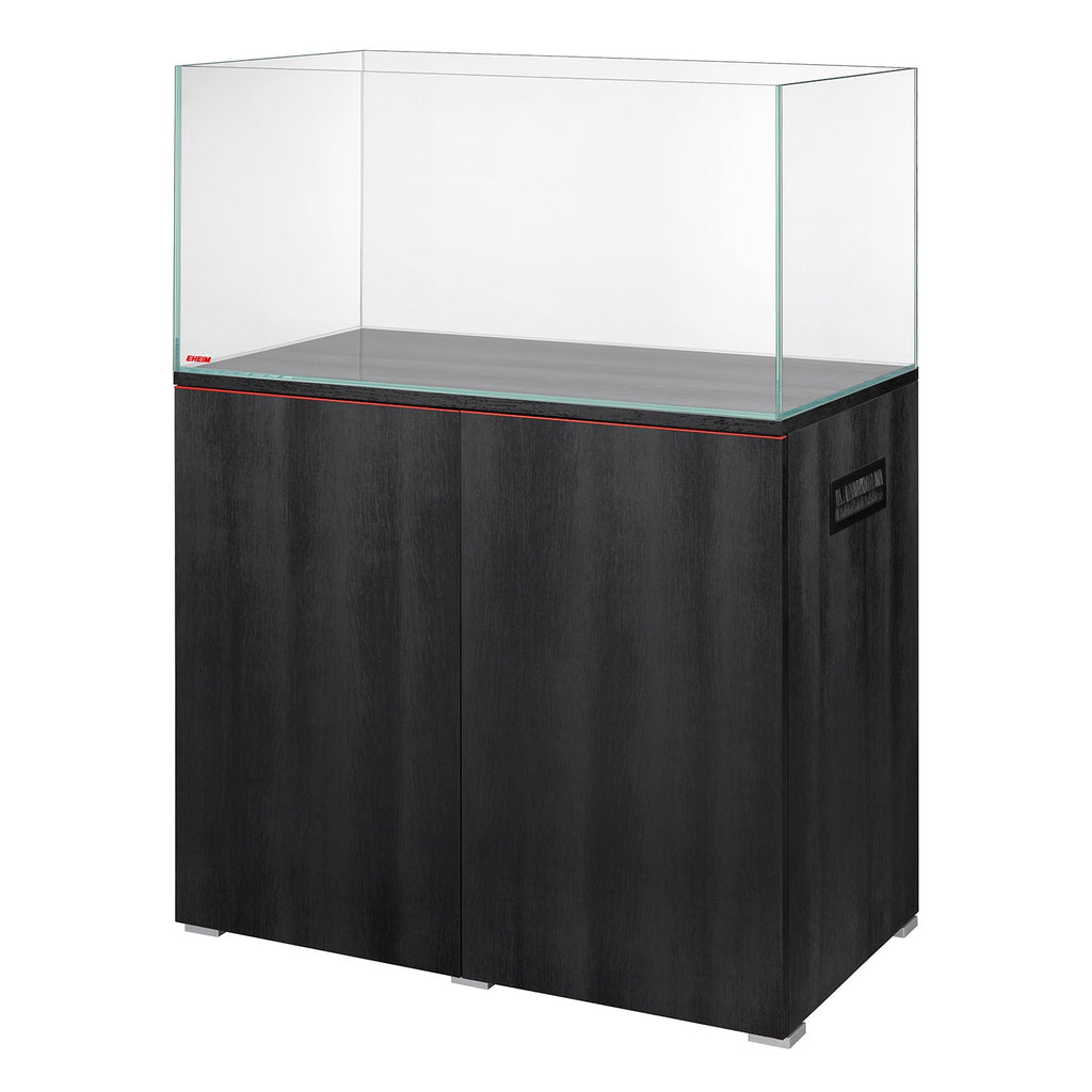 EHEIM Clearscape 200 Nero aquarium set with ultra-clear glass and matte black cabinet.