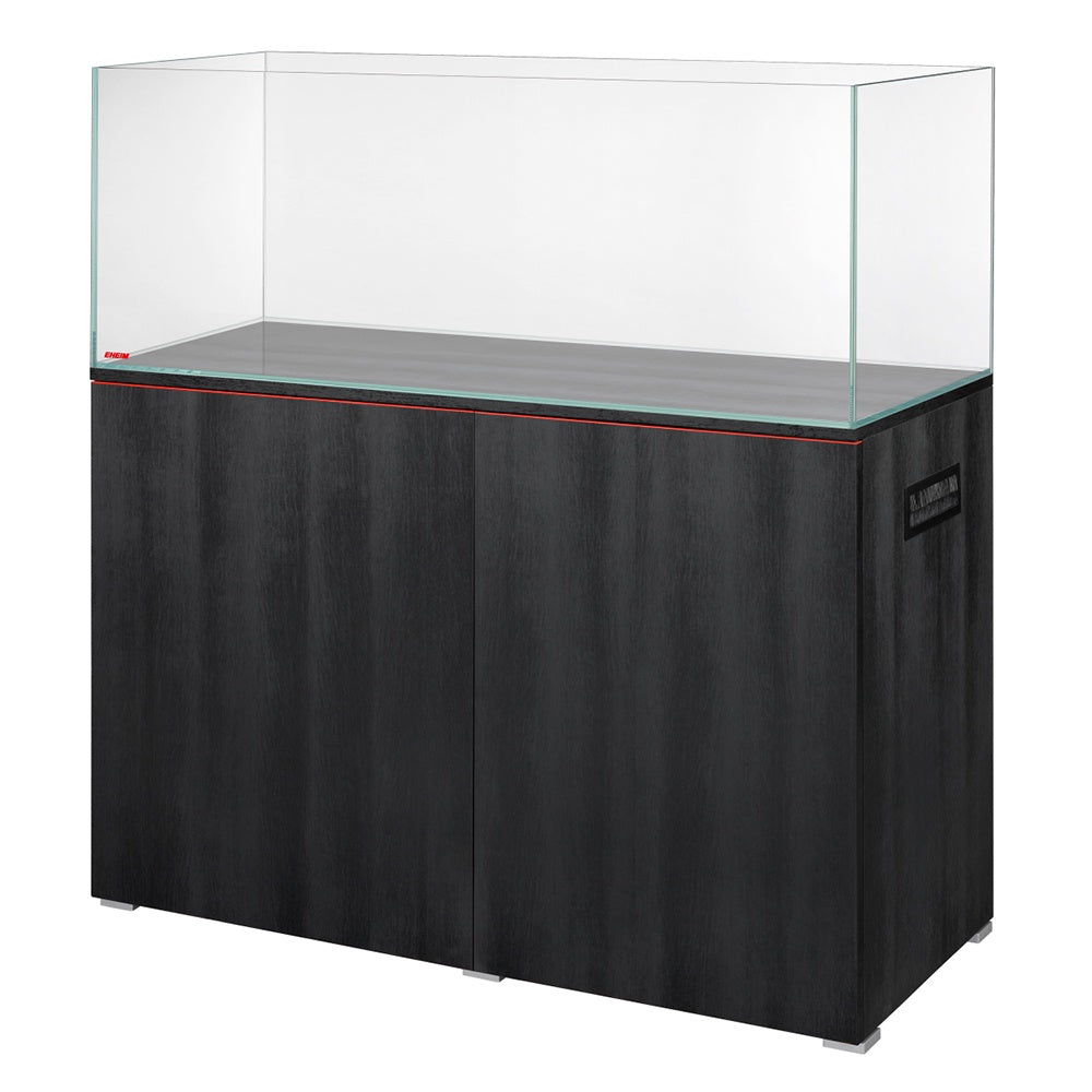 EHEIM Clearscape 300 Nero aquarium set featuring ultra-clear glass and matte black cabinet.