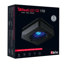 Red Sea ReefLED 170 G2 aquarium light with reef-safe blue spectrum for optimal coral growth and fluorescence.