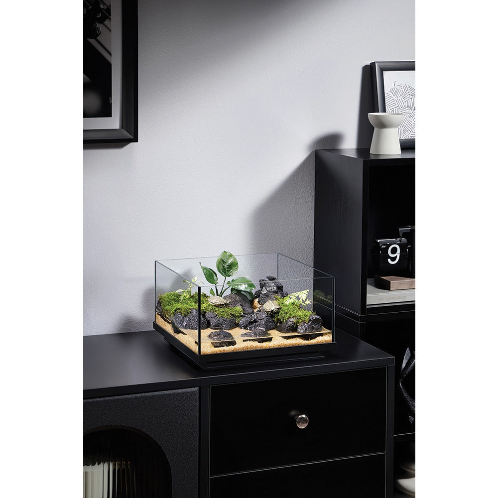 WYLD Scaper Delta Aquarium 16L displaying low-iron ultra-clear glass, black silicone seams, and elevated base